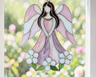 Pink Stained Glass Angel Suncatcher – Handmade Floral Ornament