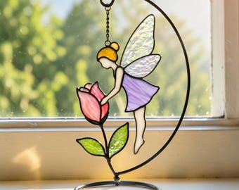 Stained Glass Fairy Suncatcher with Rose – Fantasy Window Hanging Decor