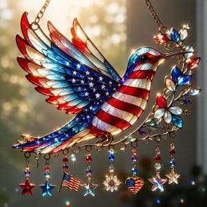 Könnte beinhalten: Ein Glas-Hummingbird-Suncatcher in Rot, Weiß und Blau, der die amerikanische Flagge widerspiegelt. Die Flügel zeigen Sterne und Streifen. Dekorative hängende Charms umfassen Sterne, eine Flagge und ein Herz. Ein dekorativer Artikel.