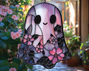 Pastellgeist Acryl Suncatcher - Halloween-Geist Faux Buntglasfenster mit Blumen, niedlichem Halloween- oder ganzjährigem Dekor
