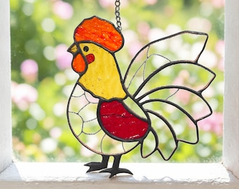 Handmade Stained Glass Rooster Suncatcher, Farmhouse Decor