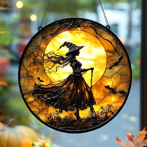 Gothic Witch Moonlight Acrylic Suncatcher – Faux Stained Glass Window Art with Flying Bats & Broom, Amber-Hued Halloween Hanging