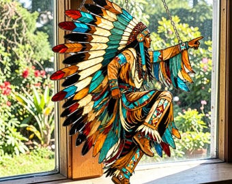 Native American Chief Suncatcher | Faux Stained Glass Window Art | Colorful Resin Hanging Decor | Tribal Home Accent | Unique Cultural Gift