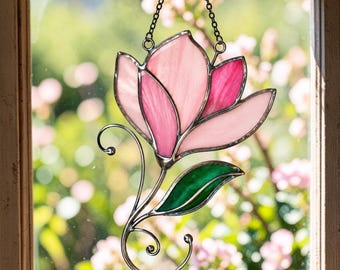 Stained Glass Pink Magnolia Suncatcher: Handcrafted Floral Window Art Decor