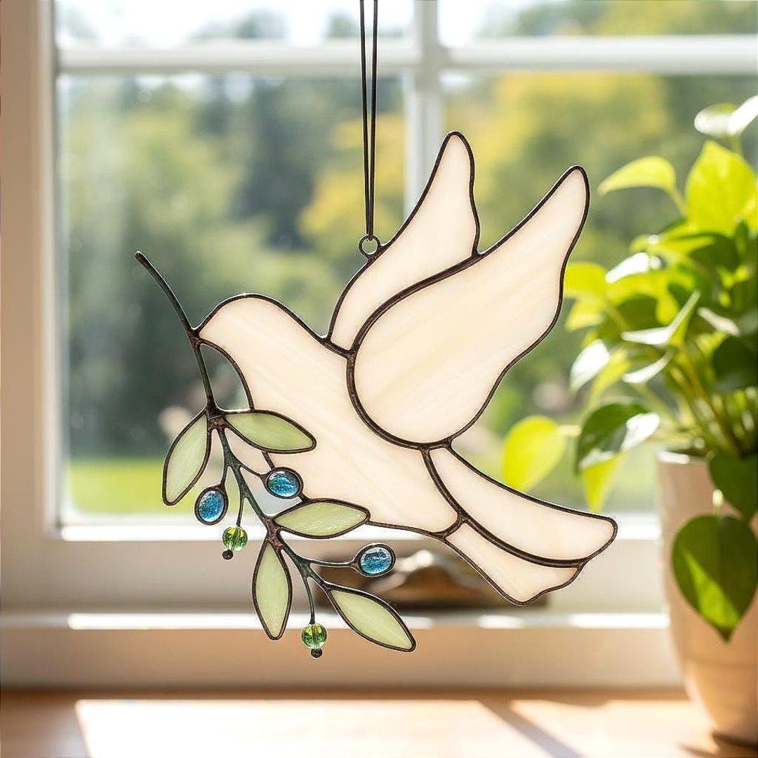 Stained Glass Dove Suncatcher With Olive Branch, Handcrafted Peace Bird ...