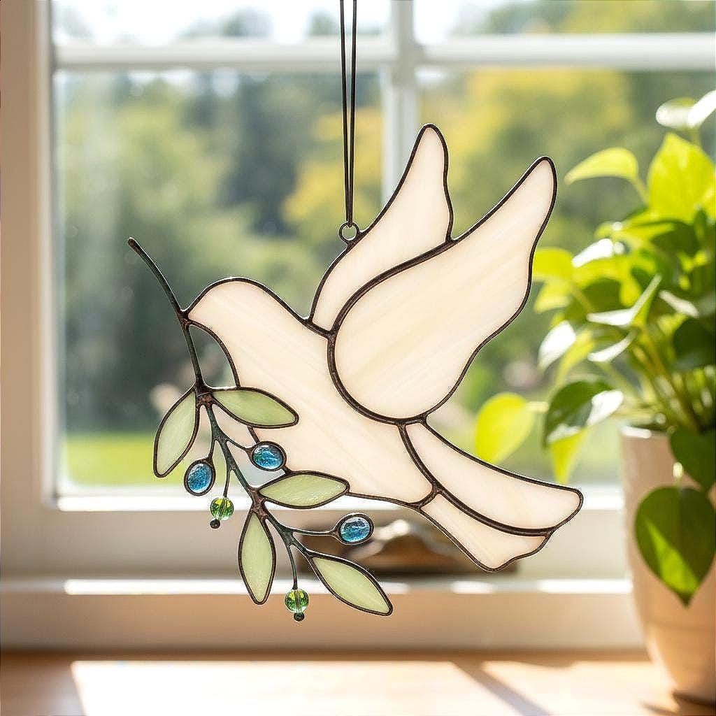 Stained Glass Dove Suncatcher With Olive Branch, Handcrafted Peace Bird ...