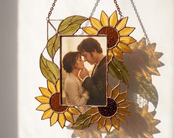 Stained Glass Sunflower Photo Frame, Rustic Window Suncatcher, Anniversary Keepsake