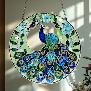 Acryl pauwraam hangend – Faux glas-in-lood zonnevanger, kleurrijk woondecoratie vogelliefhebber
