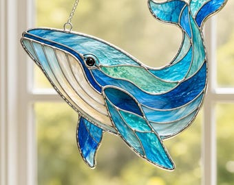 Majestic Whale Resin Suncatcher | Faux Stained Glass Window Art | Coastal Home Decor