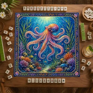 Könnte beinhalten: Ein quadratisches Puzzle mit einem farbenfrohen Oktopus, der in einer tiefblauen Unterwasserwelt mit Korallenriffen, Seetang und kleinen Fischen schwimmt, umrahmt von einer dekorativen Bordüre, mit Mahjong-Steinen auf einem Holztisch.