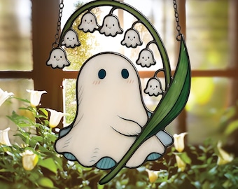 Niedlicher Geist & Maiglöckchen Acryl Sonnenfänger - Wunderlicher Glasmalerei-Fensterschmuck für Halloween oder Frühlingsdekor