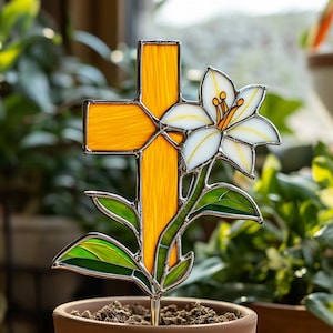 SALE‼️ウィストミンスター クリスタルアート 94×44cm Floral Cross Stained Glass Plant Stake – Handmade Christian Decor