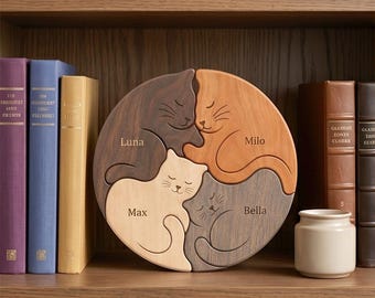 Custom Cat Family Wooden Puzzle Sculpture, Engraved Feline Home Decor, Pet Lovers Gift