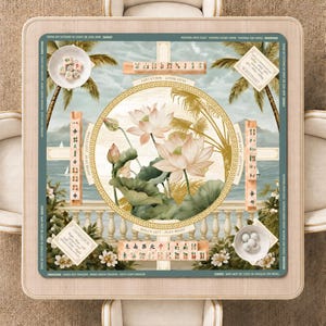 May include: A square mahjong mat featuring a central illustration of pink lotus flowers and green leaves within a gold circular border. The mat includes printed game instructions, palm trees, a balustrade, and mahjong tiles arranged in rows.