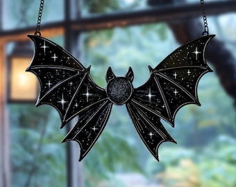 Himmlische Fledermaus Suncatcher - Sternennacht Faux Buntglas Fensterbehang, Gothic Halloween Decor für Witchy und Dark Homes