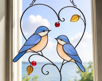 Stained Glass Bluebird Suncatcher, Heart Window Panel Art, Love Birds Hanging Decor