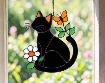 Black Cat Stained Glass Suncatcher – Floral Butterfly Window Hanging
