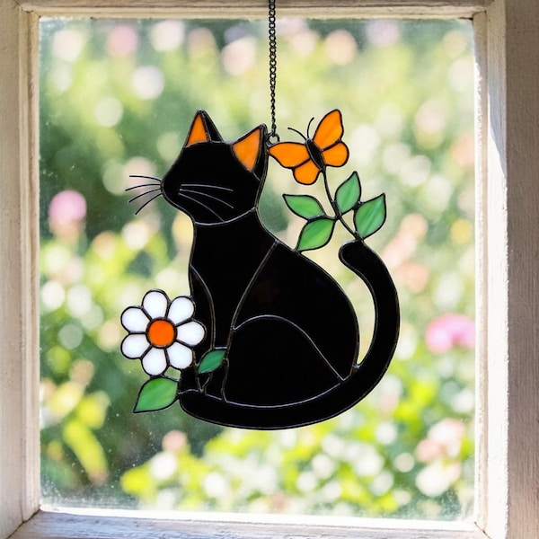 Black Cat Stained Glass Suncatcher – Floral Butterfly Window Hanging