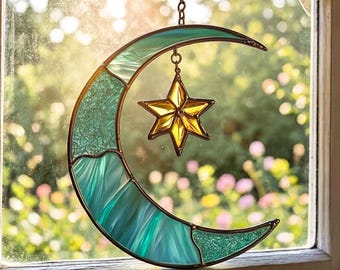 Stained Glass Moon and Star Suncatcher, Celestial Window Decor