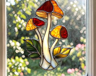 Mushroom REAL Stained Glass Suncatcher | Cottagecore Toadstool Window Art Gift Fall Season Decor