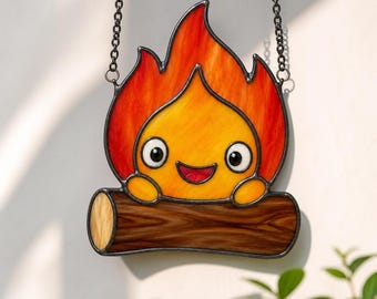 Real Stained Glass Fire Suncatcher, Whimsical Flame Window Decor, Fantasy Art