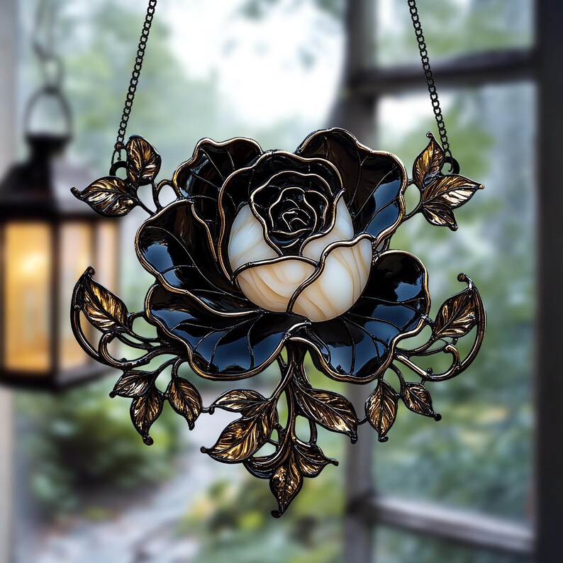 Black Rose ACRYLIC Suncatcher Gothic Floral Faux Stained Glass Window
