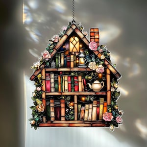 Storybook Cottage Faux Stained Glass Suncatcher – Acrylic Window Panel with Books, Flowers, and Lanterns, Cozy Reading Corner Decor