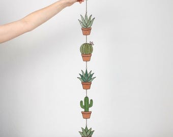 Stained Glass Desert Succulent Suncatcher Chain | Botanical Cactus Window Hanging Art