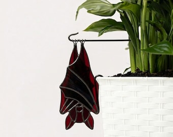 Hanging Vampire Bat Stained Glass Pot Stake, Gothic Plant Decor, Handmade Garden Art