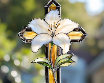 Lily Cross Stained Glass Suncatcher – Handmade Window Hanging Ornament