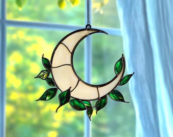 Botanical Stained Glass Crescent Moon – Leaf Window Hanging