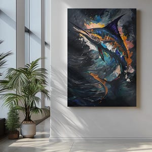 Art Abstract Marlin in Motion Oil Style Painting Digital Download Moody Ocean Wall Art Maritime Living Printable, Ocean Life, Fishing Art
