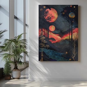 Art Celestial Forest Dreamscape – Abstract Cosmic Landscape Digital Download Fantasy Wall Art Vibrant Red and Blue Surreal Nature Scene