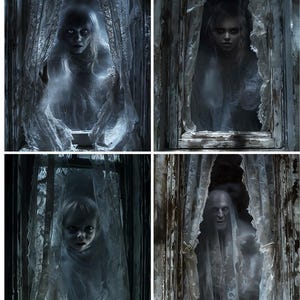 Set di 4 poster per finestre di Halloween infestate, download di fantasmi oscuri e inquietanti, decorazione spaventosa e spettrale, stampa digitale horror, dolcetto o scherzetto