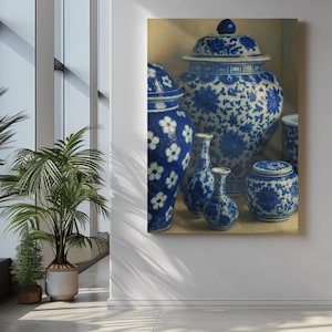 Art Chinoiserie Vase Collection Oil Painting Style Digital Download Wall Art, Blue and White Porcelain Printable Decor