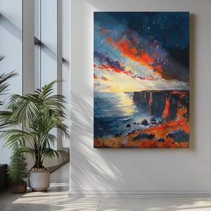 Art Cliffs Fiery Sunset Print – Abstract Seascape Wall Art, Digital Download Landscape Painting, Dramatic Ocean Art for Home Decor