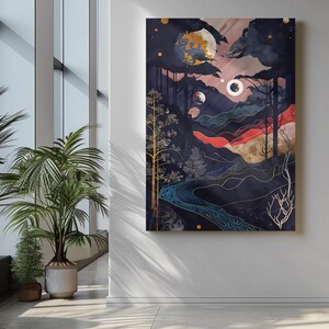 Art Celestial Moonlit Cosmic Forest –Abstract Landscape Digital Art Download Mystical Night Sky Wall Art Fantasy Galaxy Print Home