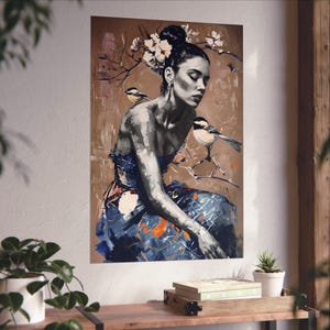 Printed Poster Art Flamenco Dancer Elegant Woman with Flowers, Birds, Spanish Dance Wall Decor Ready to frame and hang in multiple sizes
