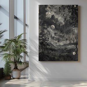 Art Celestial Mystic Moonscape Monochrome Abstract Fantasy Landscape Digital Download Cosmic Night Wall Art, Dreamy Galaxy Scene, Boho Art