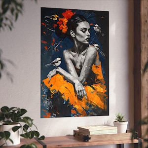 Póster impreso de arte de bailarina de flamenco, mujer elegante con flores, pájaros, decoración de pared de danza española, listo para enmarcar y colgar en varios tamaños.