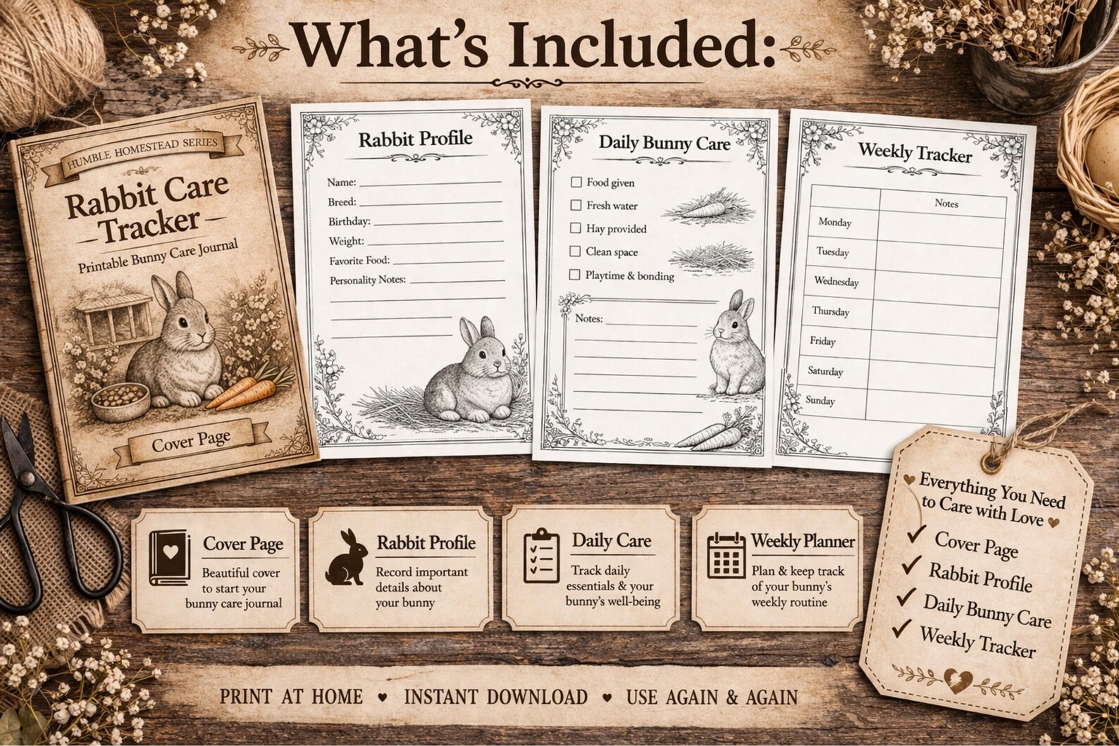 Rabbit Tracker Printable, Bunny Daily Log, Pet Care Sheet for Kids ...