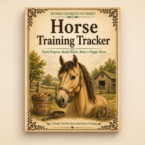 Może przedstawiać: Okładka książki "Horse Training Tracker" w stylu vintage. Okładka przedstawia ilustrację konia, drewniane wiadro oraz tekst "Track Progress, Build Habits, Raise a Happy Horse."