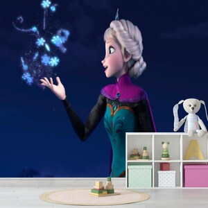 May include: Digital illustration of a character from the film Frozen, with a white braided hairstyle, wearing a teal and purple dress. The character is surrounded by blue snowflake-like magic. A white shelf with toys and a stuffed bunny is in the foreground.