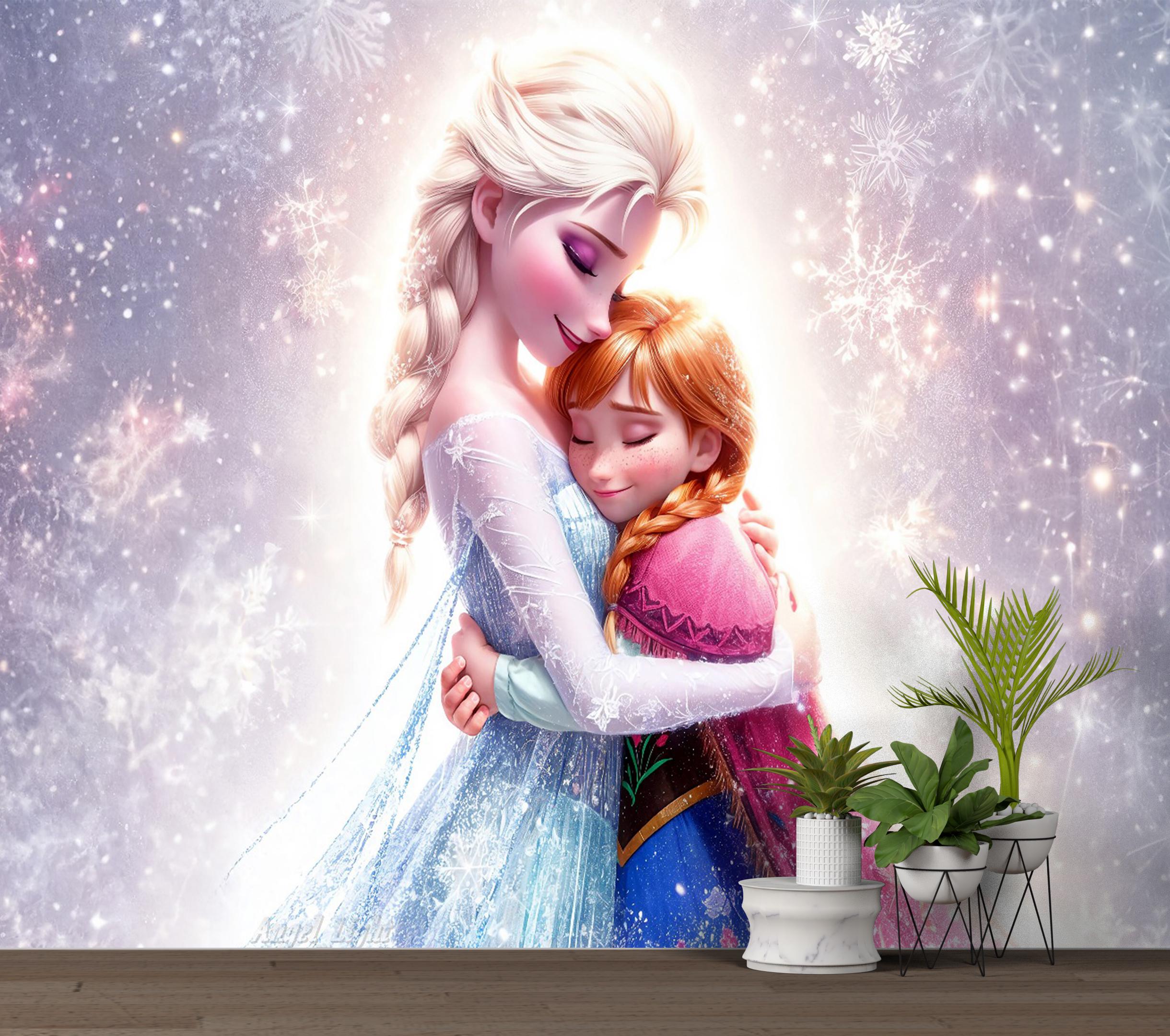 Frozen Sisters Wallpaper Peel and Stick,Princess Elsa And Anna Wallpaper Self Adhesive, Non-Woven