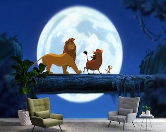 Mural de parede inspirado em O Rei Leão, decoração para quarto infantil com animais da savana, papel de parede com lua e noite na selva.