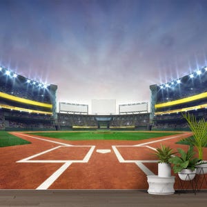 Può includere: Una scena di stadio di baseball resa digitalmente. L'immagine presenta un campo da baseball con un interno marrone-rossastro, un esterno verde e tribune piene di spettatori. Le luci brillanti dello stadio illuminano il campo e il cielo.