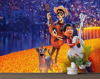 Coco Music Fantasy Wall Mural, Kids Room Guitar Art, Magical Night City Wallpaper