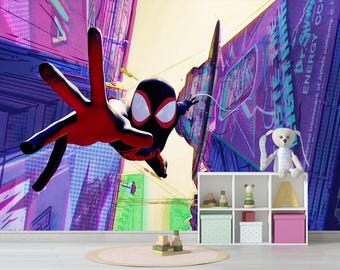 Papel pintado de arañas con estampado inspirado en Miles Morales, decoración urbana colorida de superhéroes.