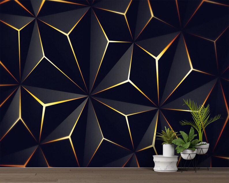 Black and Gold Geometric 3D Wall Mural: Modern Abstract Wallpaper - Etsy