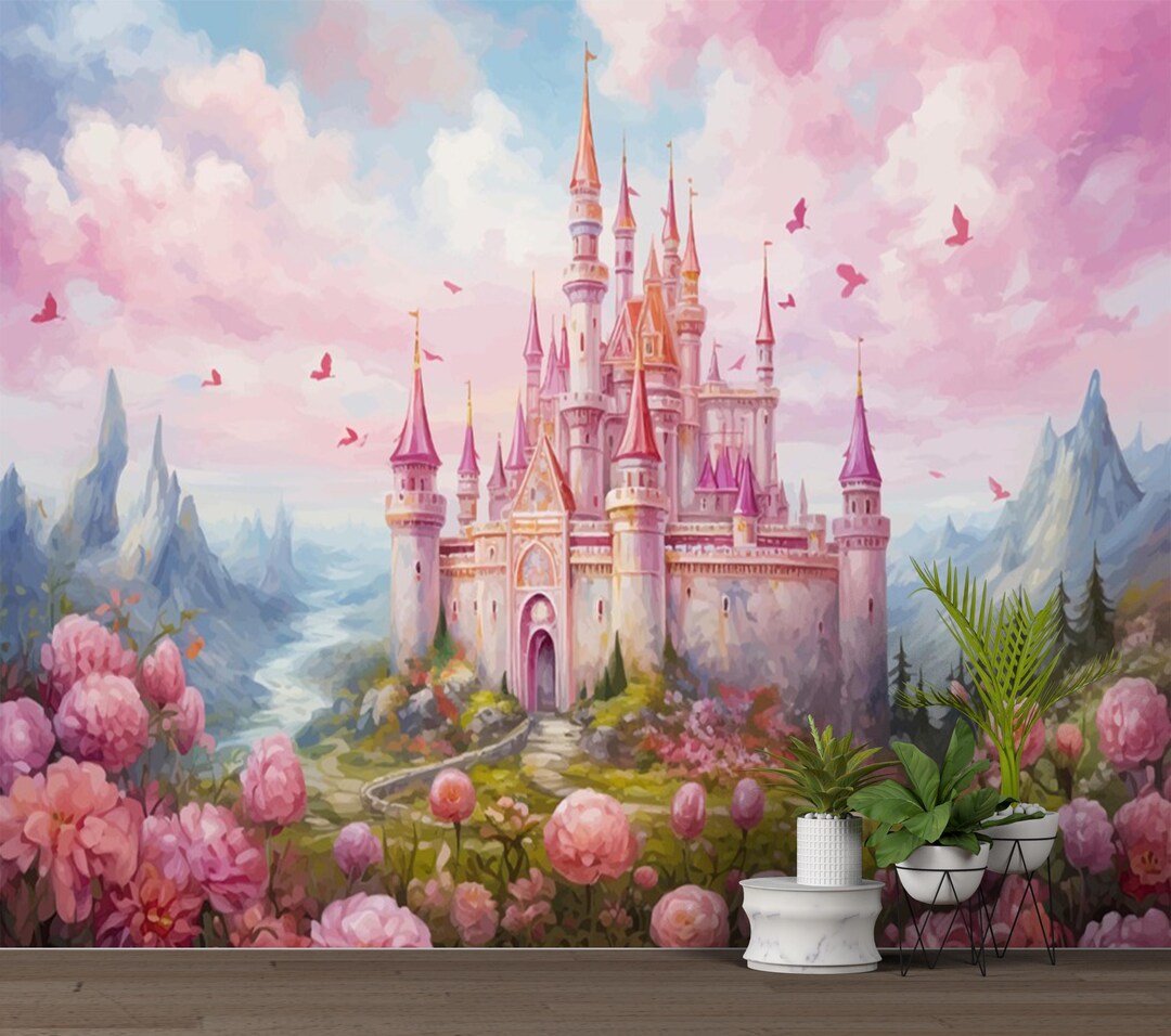 Fairy Castle Wallpaper Mural: Pink Forest Girls Nursery Decor - Etsy